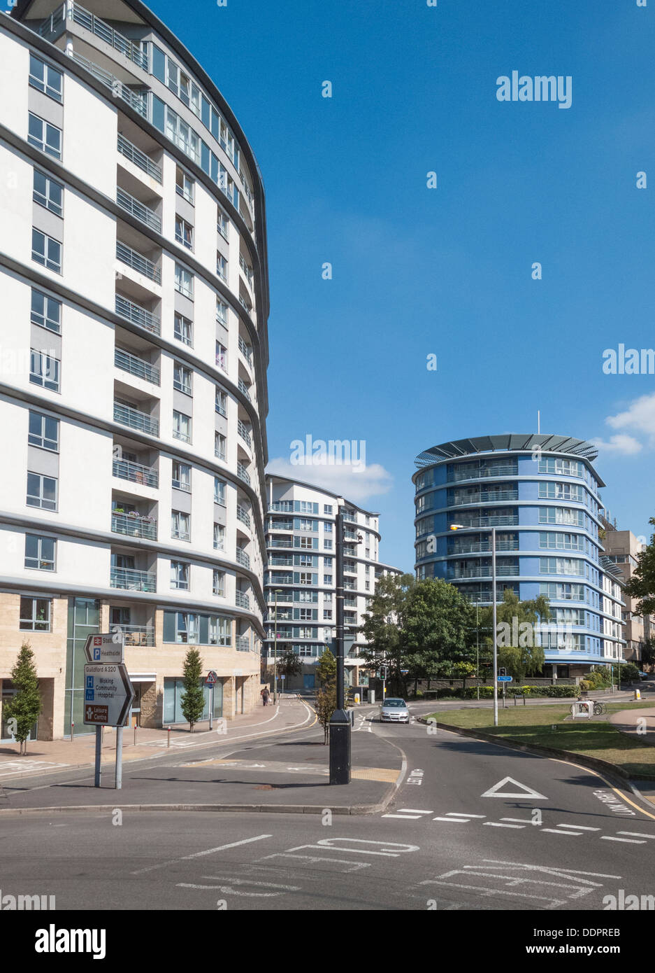 Modern blocks of flats and apartments and street layout near Woking