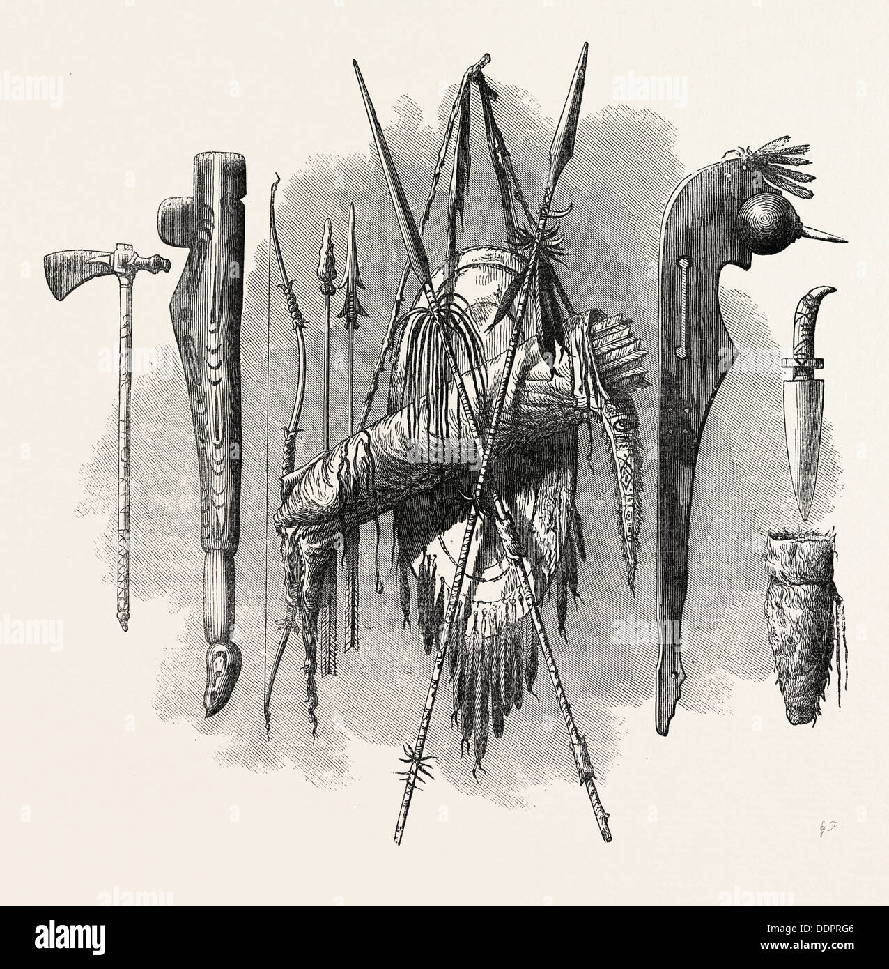 INDIAN WEAPONS; SPEAR, AXE, BOW AND ARROW, US, USA, 1870s engraving