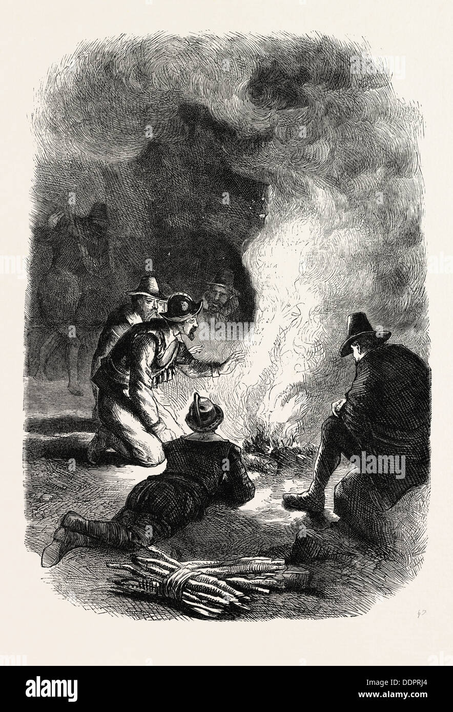PILGRIM FATHERS ROUND A WATCH-FIRE, 1870s engraving Stock Photo