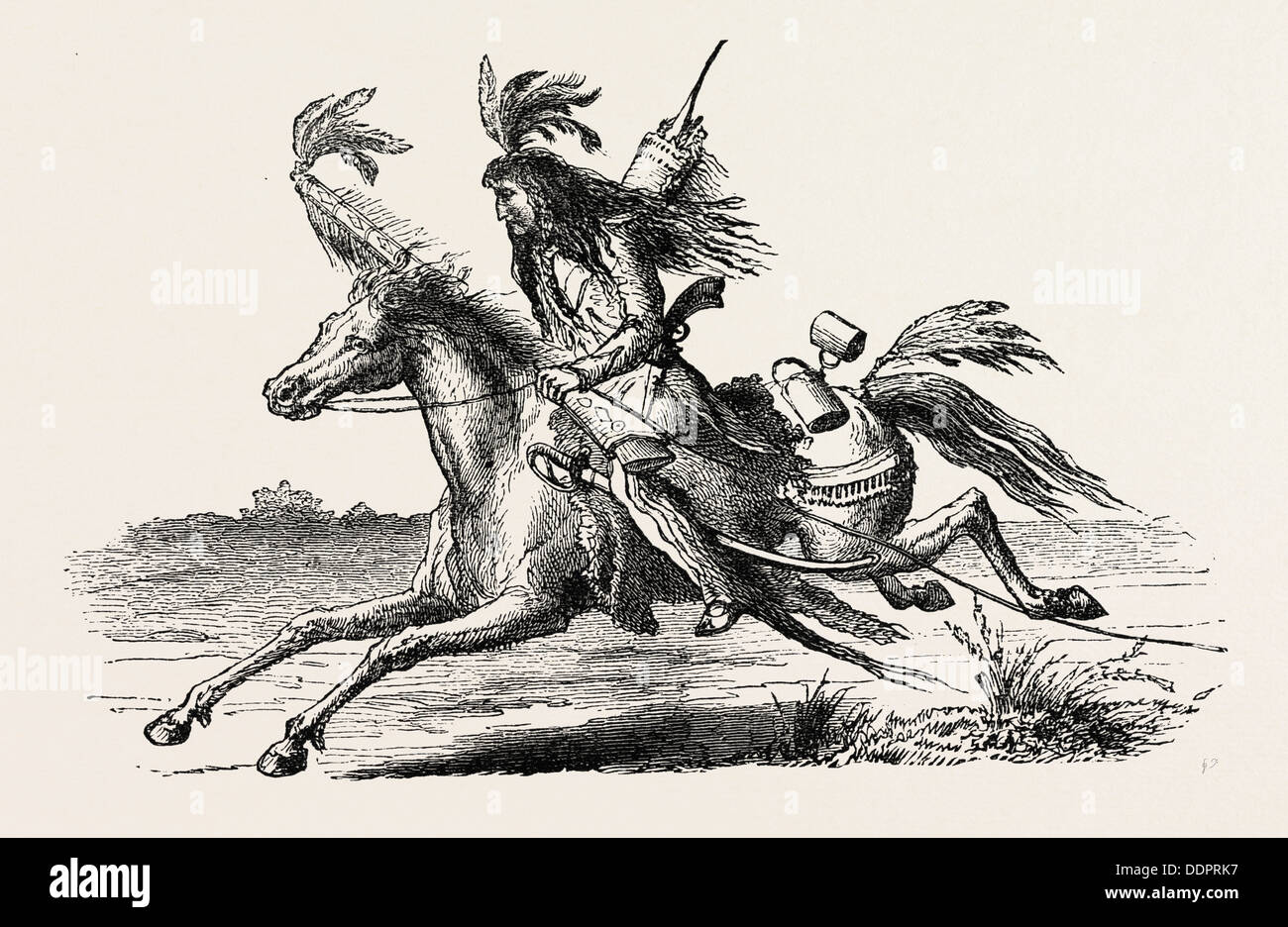 NORTH AMERICAN INDIAN ON HORSEBACK, US, USA, 1870s engraving Stock