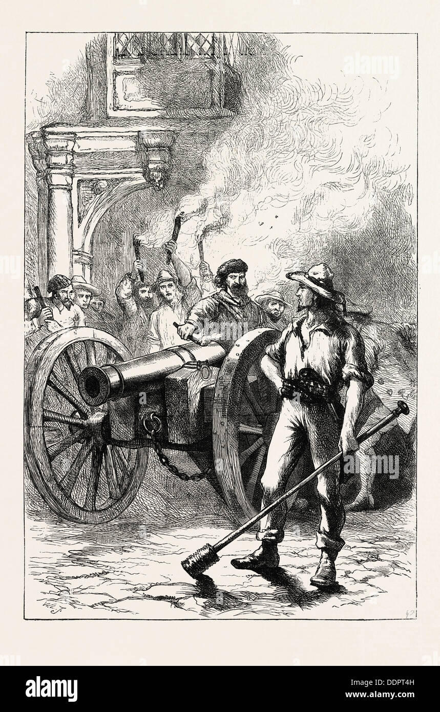THE MOB FIRING CANNON BEFORE THE COURT HOUSE WHERE M'LEOD WAS IMPRISONED, US, USA, 1870s engraving Stock Photo