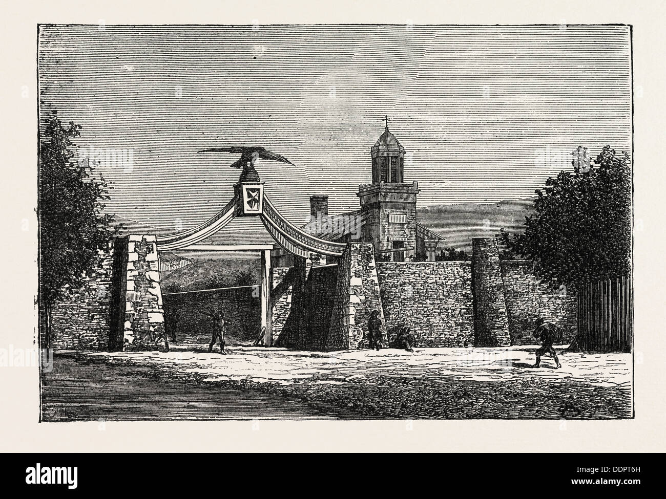 THE EAGLE-GATE OF BRIGHAM YOUNG'S SCHOOL, 1870s engraving Stock Photo