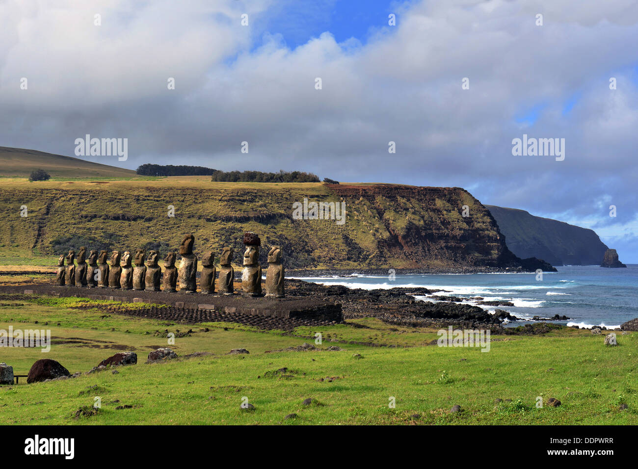 Moai monolithic human figures carved by the Rapa Nui on Easter Island Stock Photo