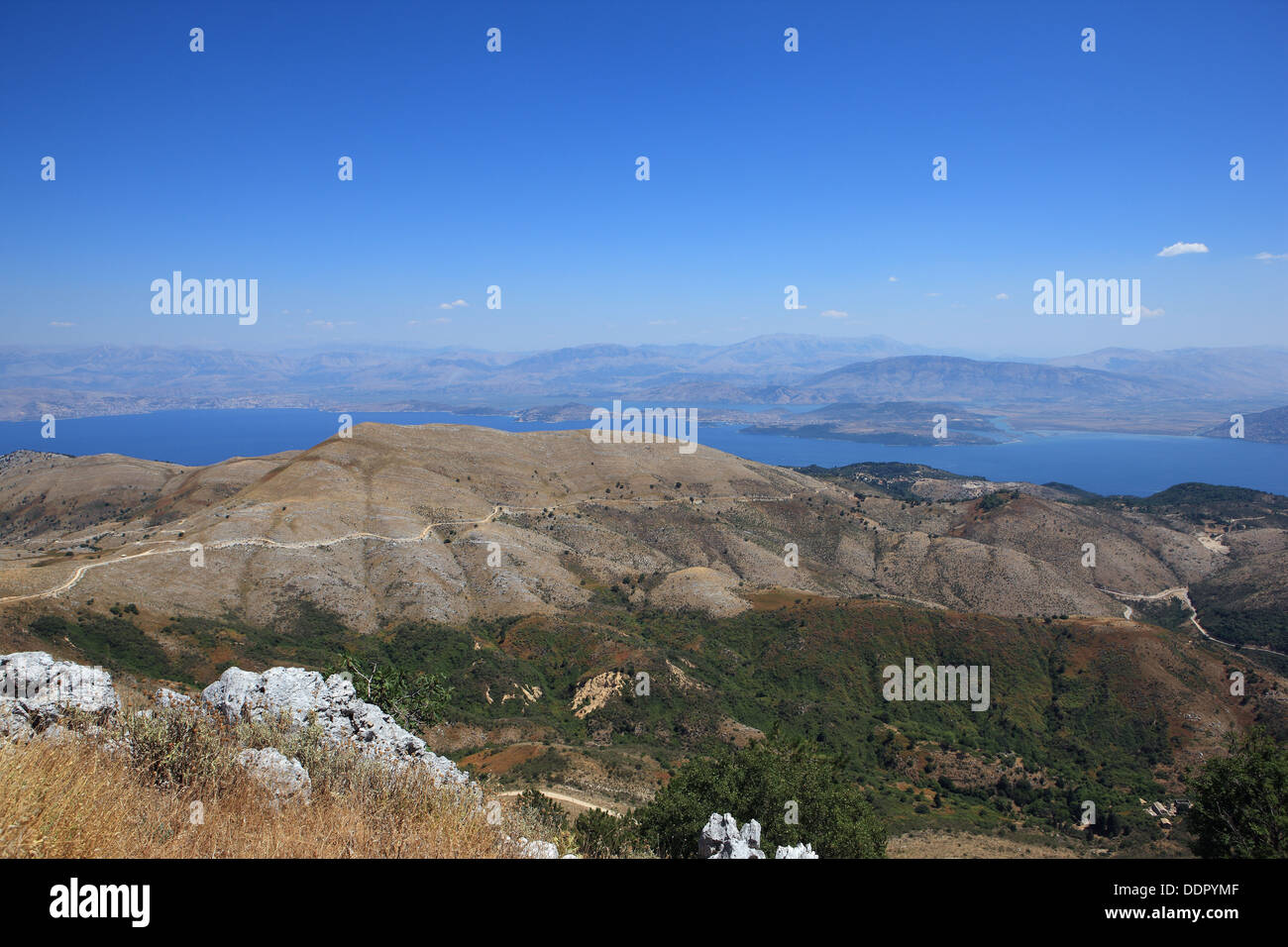 View towards Albania from the summit of Mount Pantokrator in Corfu Greece Stock Photo