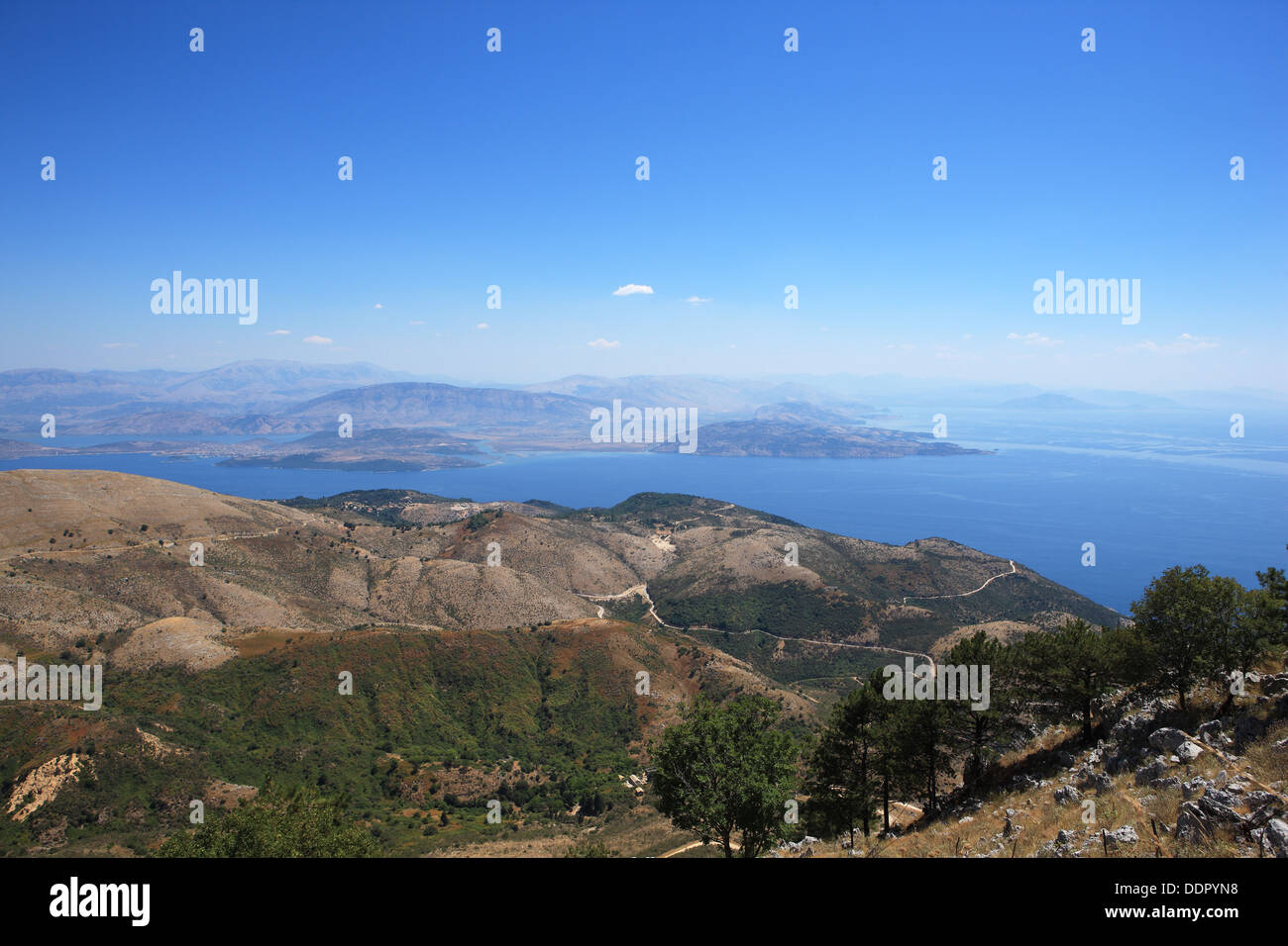 View towards Albania from the summit of Mount Pantokrator in Corfu Greece Stock Photo