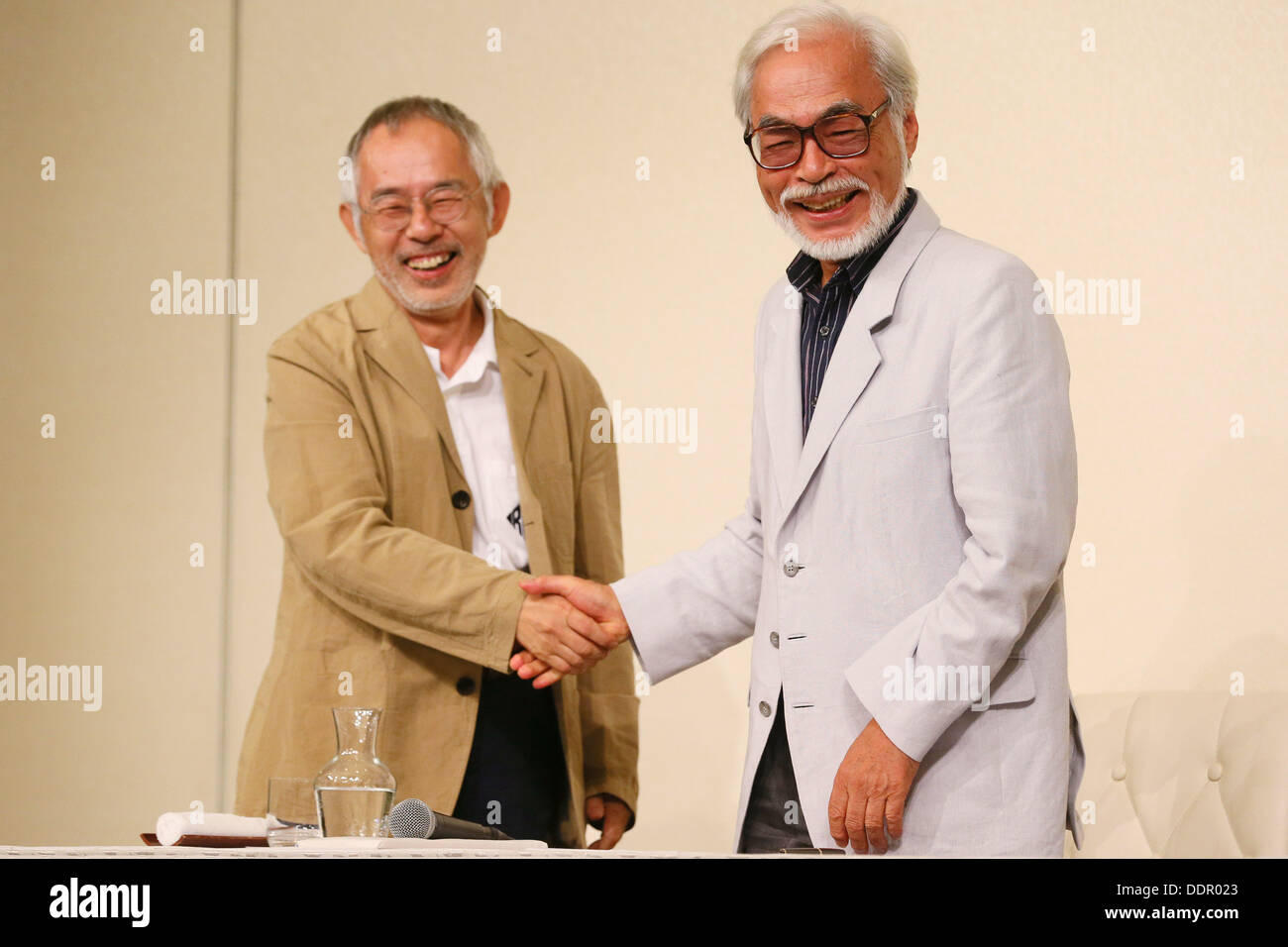 (L ro R) Toshio Suzuki, Hayao Miyazaki, September 6, 2013, Tokyo, Japan: Director Hayao Miyazaki announces his retirement from the animation industry during a press conference in Tokyo, Japan. Miyazaki co-founded studio Ghibli in 1985, after working for Toei Animation. His first movie was  'Laputa: Castle in the Sky' from 1986; since then he worked personally on 11 feature movies. His last movie 'The Wind Rises' (Jap: 'Kaze-tachinu') which is already a box office hit in Japan, was presented at Venice Film Festival last Sunday September 1st and will be screened worldwide. The movie, about the J Stock Photo