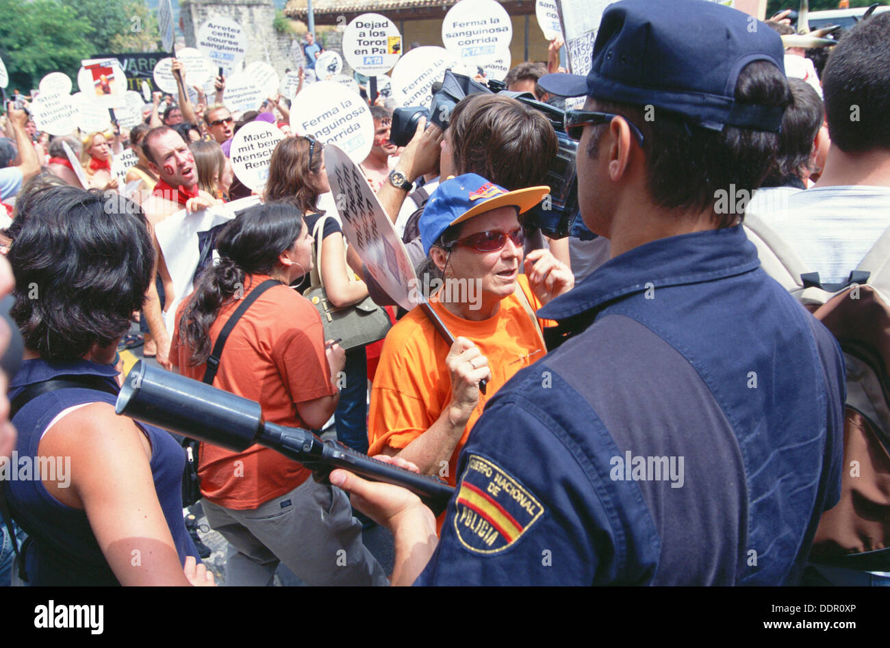 Police in demonstration by animal rights activist during San Fermin festival. Pamplona. Navarra, Spain Stock Photo