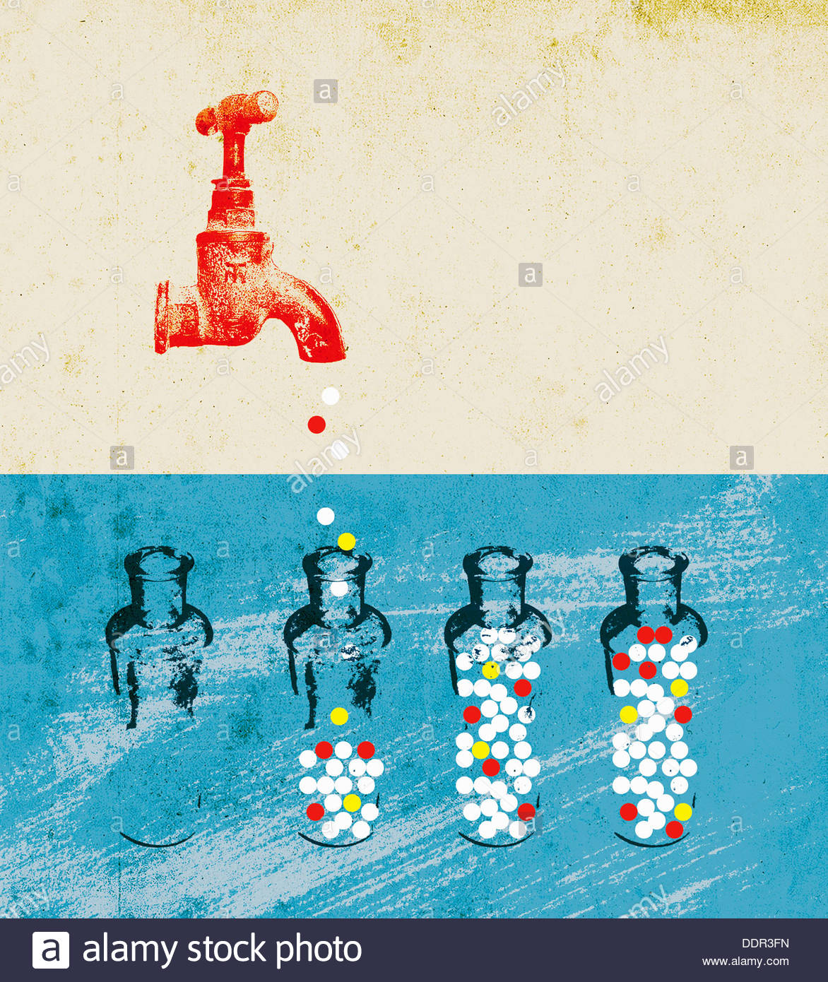 Pills Dripping From Faucet Spout Into Glass Bottles Stock Photo