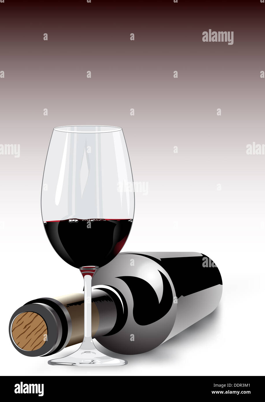 3d render of red wine in a wineglass and an unlabelled bottle lying on