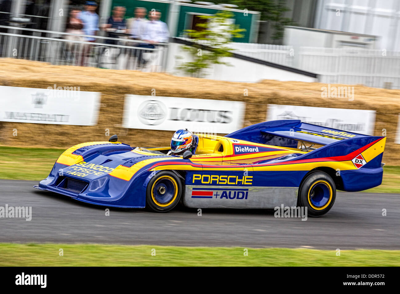 1973 Porsche 917/30 CanAm racer with driver Derek Bell at the 2013 Goodwood Festival of Speed, Sussex, UK. Stock Photo