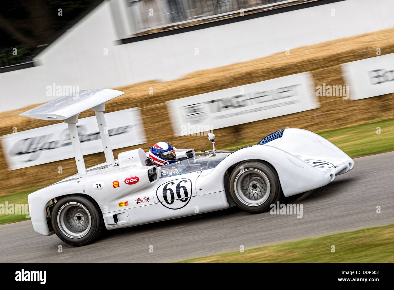 1966 Chaparral-Chevrolet 2E with driver Jim Hall at the 2013 Goodwood Festival of Speed, Sussex, UK Stock Photo