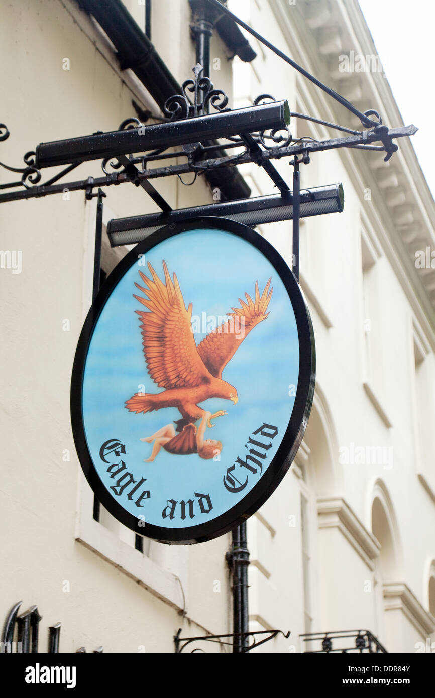 The sign of the 17th Century  Eagle and Child pub, St Giles, Oxford, Oxfordshire UK Stock Photo