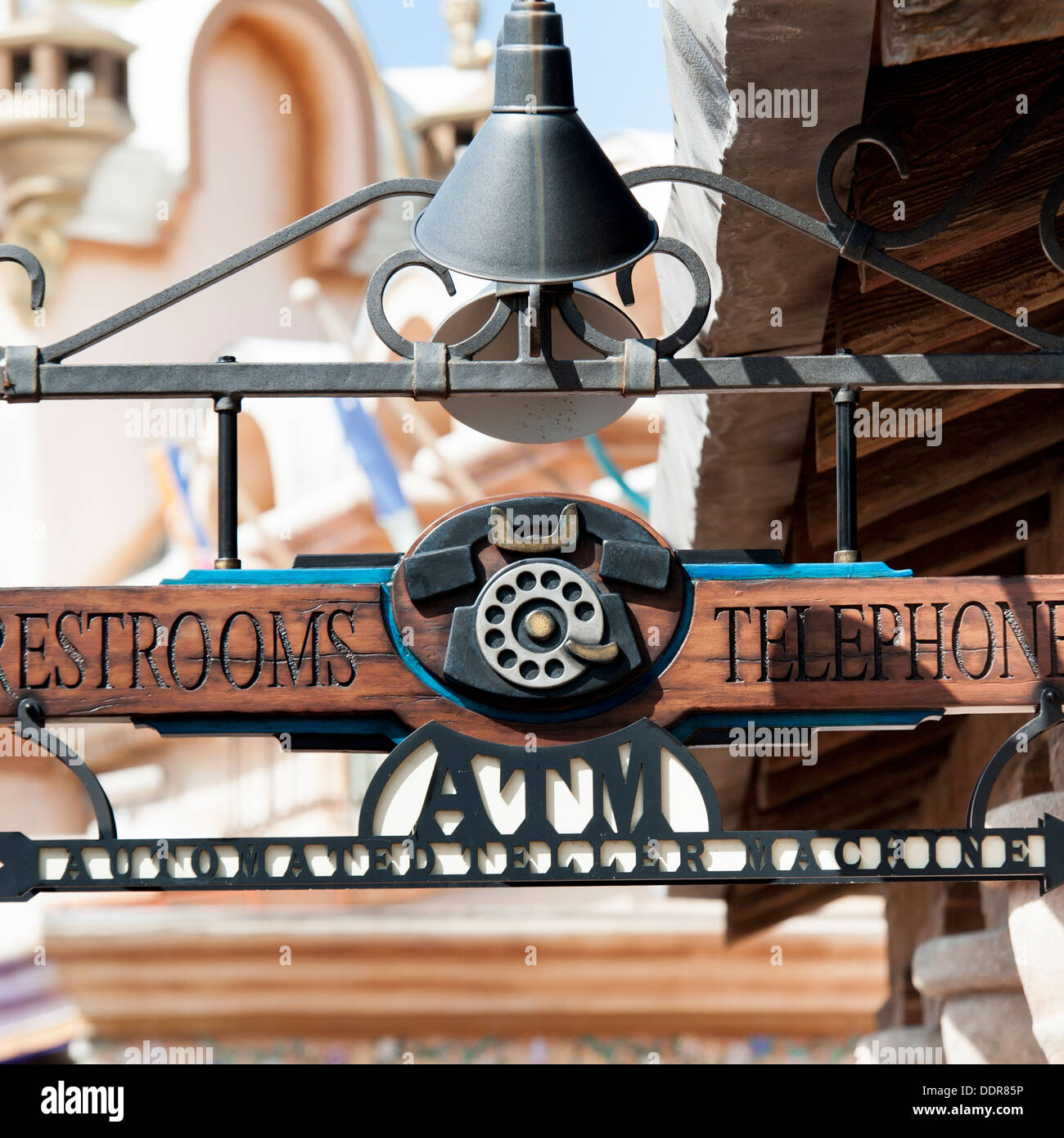 Closeup of Restroom and Telephone Booth signs, Universal Studios