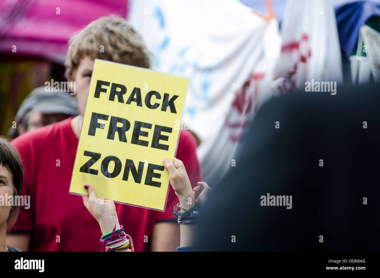 'Frack Free Zone' sign at 'Belt It Out Balcombe' event, Balcombe, West Sussex, for the anti-fracking campaign, 11th August 2013 Stock Photo