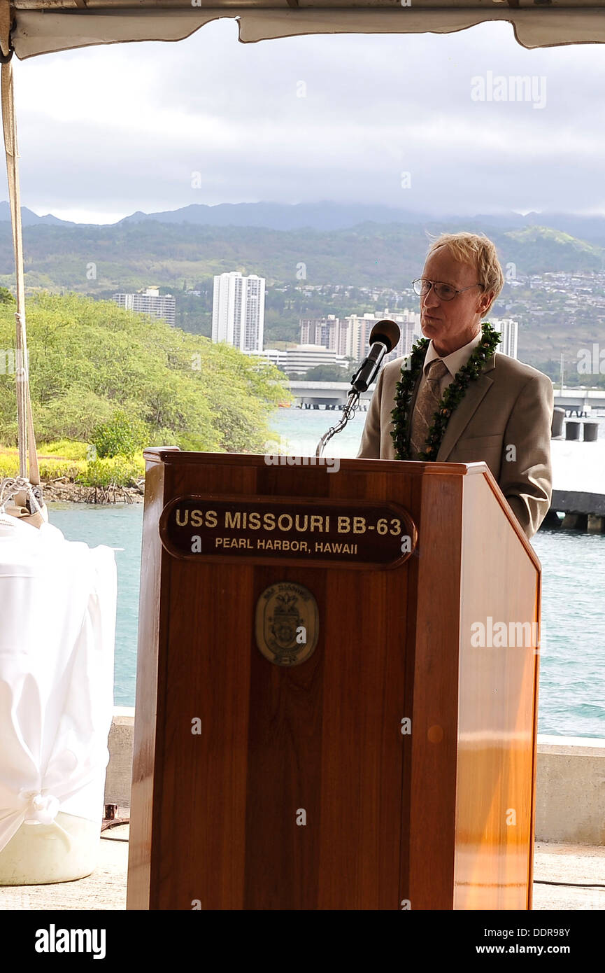 Chester Nimitz Lay, grandson of Fleet Admiral Chester W. Nimitz, shares the gratefulness of the Nimitz family during the USS Missouri Memorial Association 68th anniversary celebration commemorating The End of World War II, Monday, Sept. 2, at the Battlesh Stock Photo