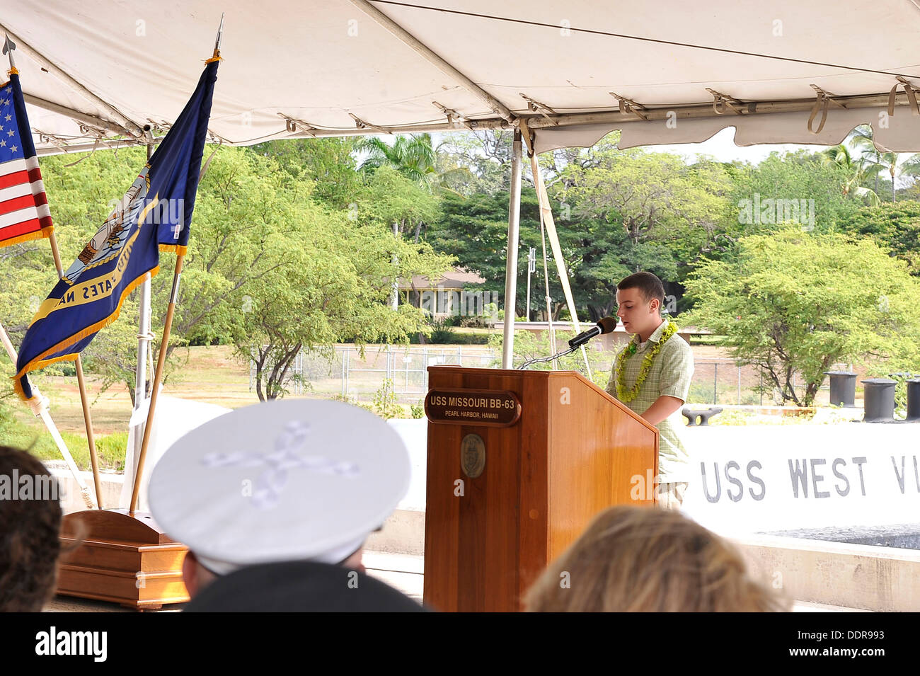 Collin Sitz, a freshman at Radford High School, reads his award-winning essay on the legacy of Fleet Admiral Chester W. Nimitz during the USS Missouri Memorial Association 68th anniversary celebration commemorating The End of World War II, Monday, Sept. 2 Stock Photo