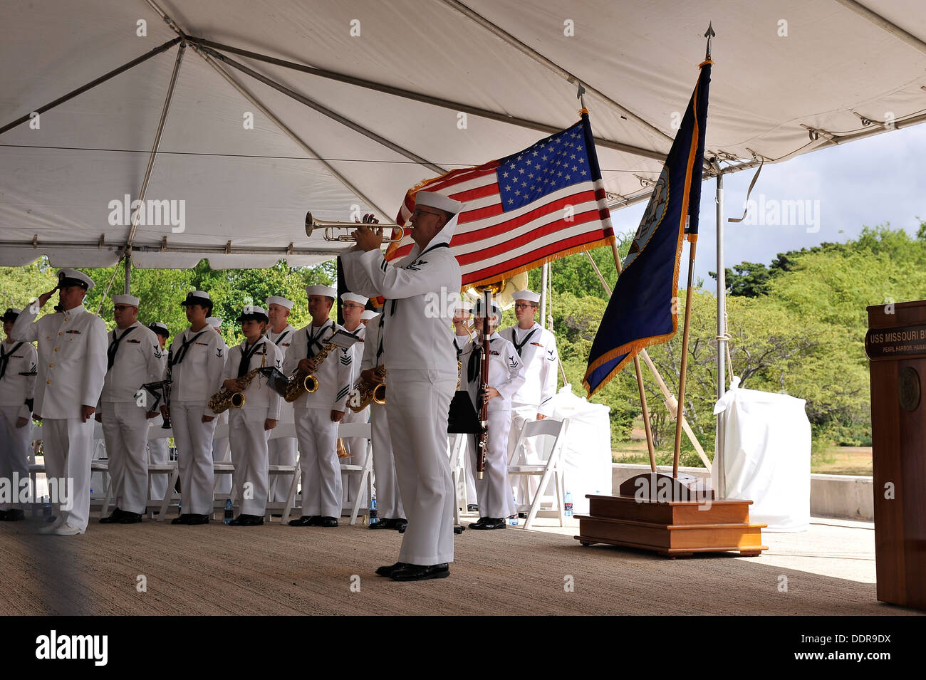 The U.S. Pacific Fleet band render honors with the playing of echo taps during the USS Missouri Memorial Association 68th anniversary celebration commemorating The End of World War II, Monday, Sept. 2, at the Battleship Missouri Memorial, Pearl Harbor, Hi Stock Photo