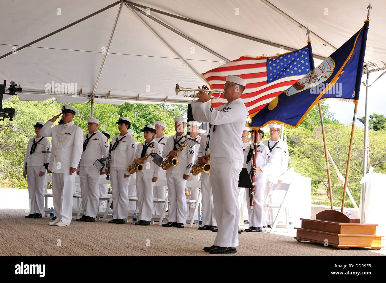 The U.S. Pacific Fleet band render honors with the playing of echo taps during the USS Missouri Memorial Association 68th anniversary celebration commemorating The End of World War II, Monday, Sept. 2, at the Battleship Missouri Memorial, Pearl Harbor, Hi Stock Photo