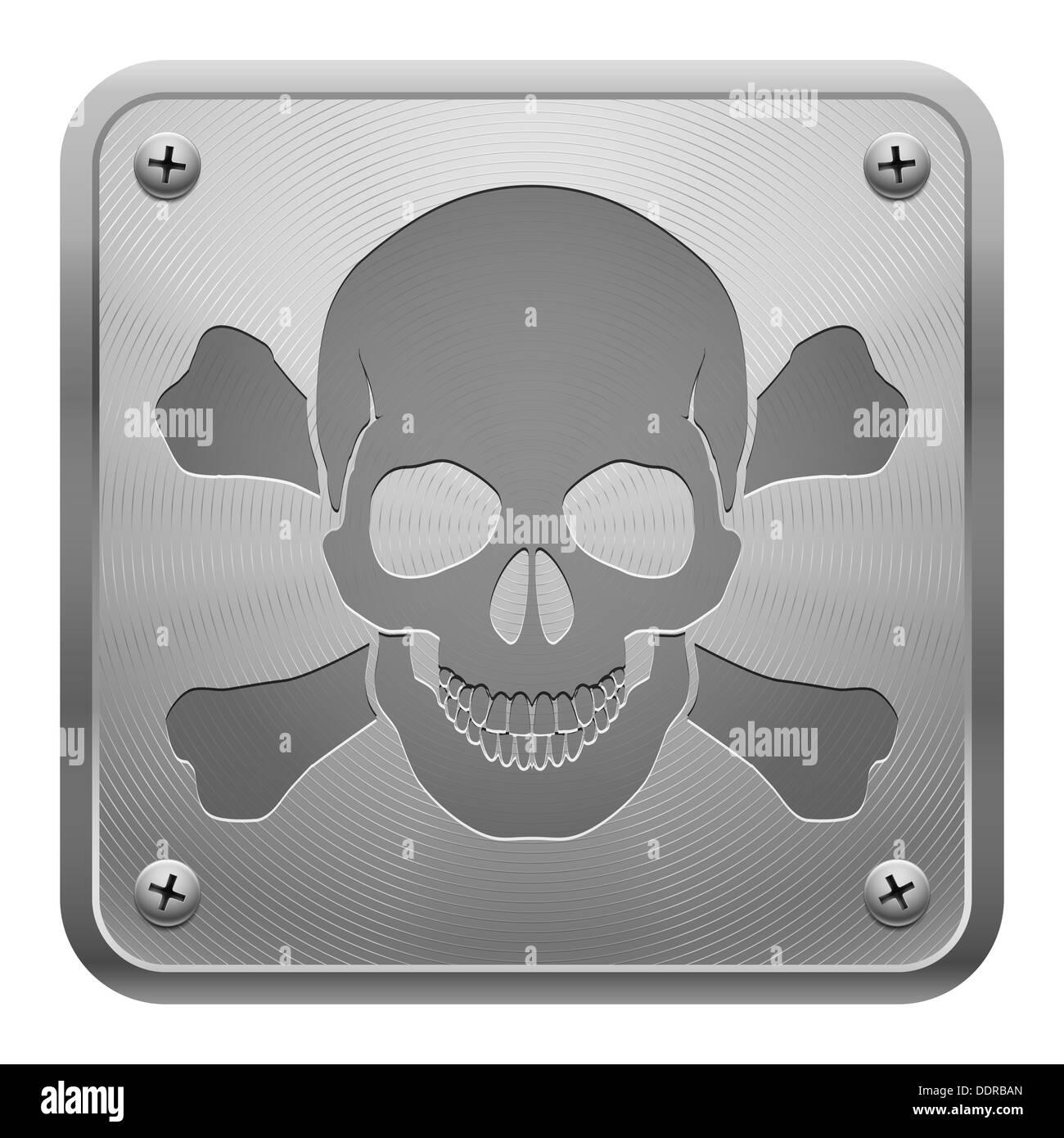 Metal tablet fixed with screws representing relief image of skull and cross-bones. Symbol of danger. Stock Photo
