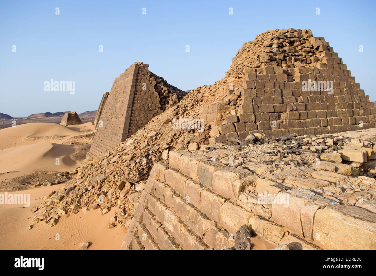 Pyramids of Meroe. The kingdom of Meroe existed in 1,200 years, only to continue in the shape of the kingdom of Nubia(1,100 Stock Photo