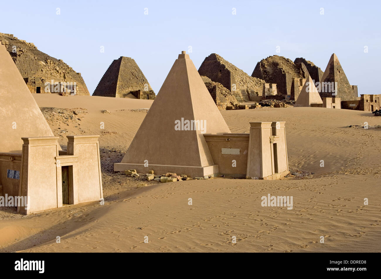 Pyramids of Meroe. The kingdom of Meroe existed in 1,200 years, only to continue in the shape of the kingdom of Nubia(1,100 Stock Photo