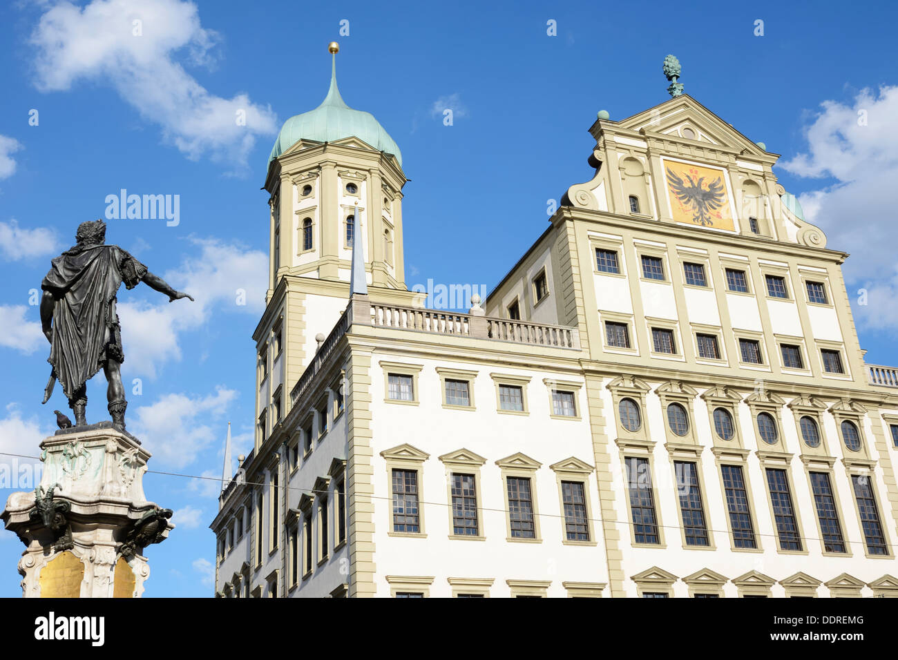 The Augustus fountain wit emperor Augustus (built 1594) in Augsburg with the town hall in the background. Stock Photo