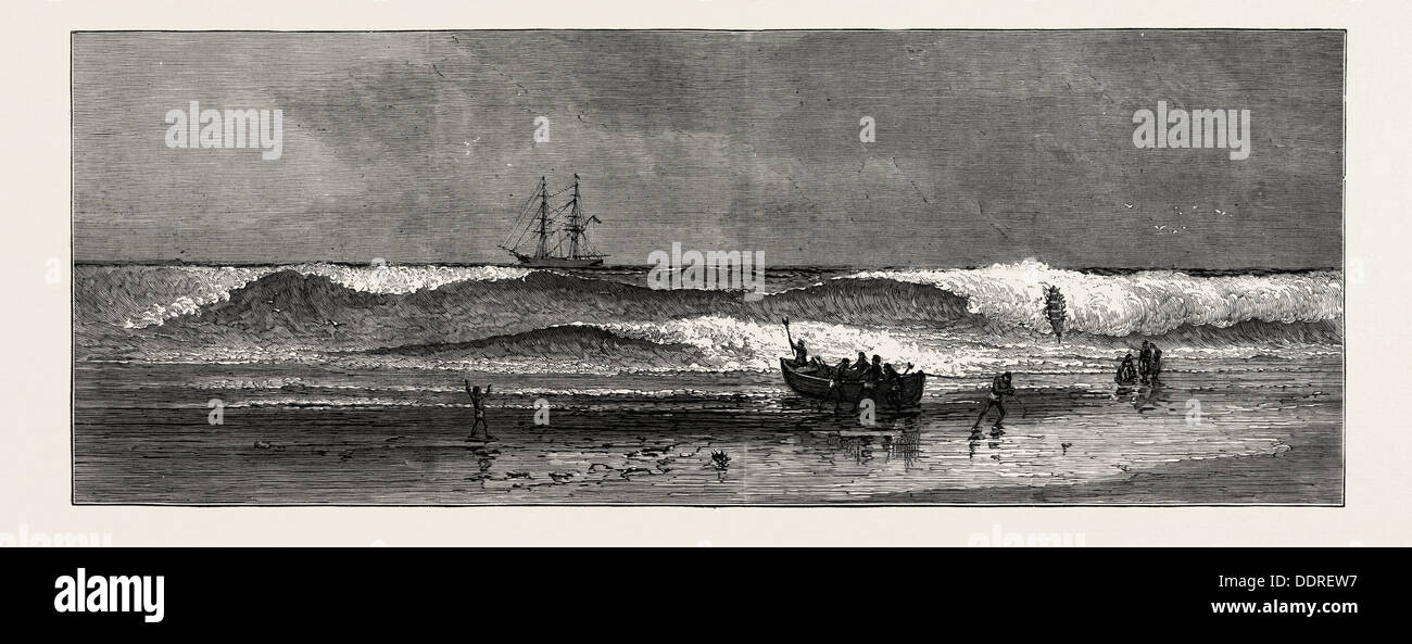 THE WEST COAST OF AFRICA: THE ASHANTEE WAR: LANDING THROUGH THE SURF AT ASSINEE, ANGLO ASHANTI WAR, GHANA, 1873 engraving Stock Photo