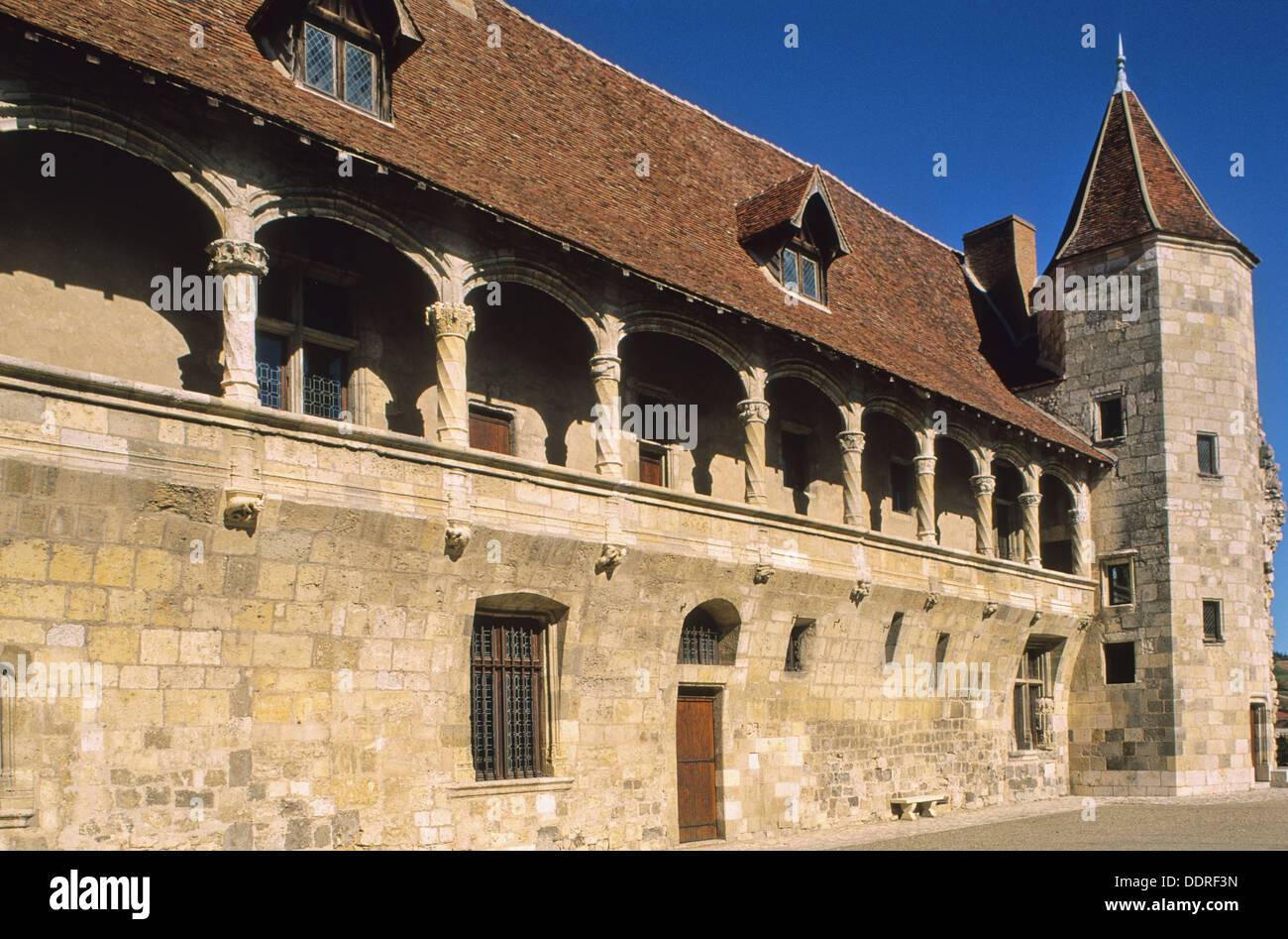 The medieval city of Nerac with the château of King Henry 4th, and the gothic Pont Vieux. Lot-et-Garonne department. Aquitaine Stock Photo