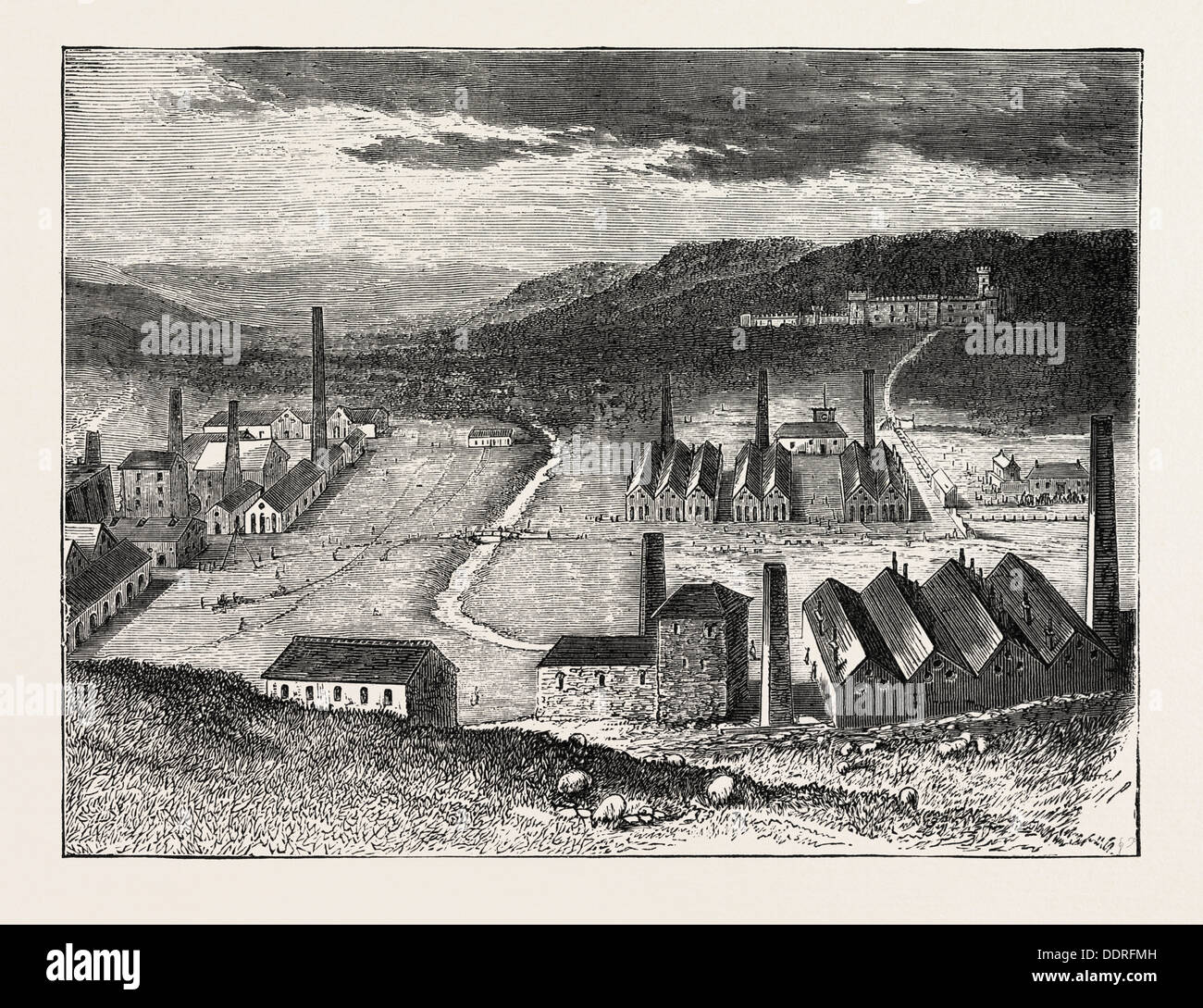 THE STRIKE IN SOUTH WALES, UK: THE CYFARTHFA IRONWORKS AND CASTLE, THE RESIDENCE OF MR. CRAWSHAY, 1873 engraving Stock Photo