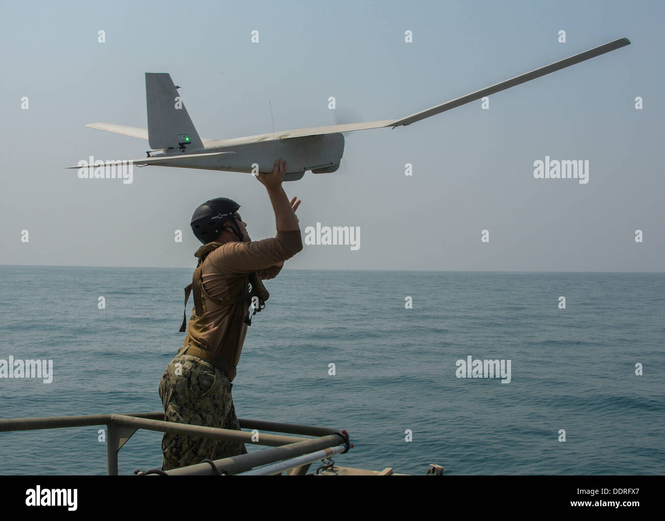 Puma AE unmanned aerial vehicle from a Riverine Command Boat (RCB), at-sea.  RCBs provide a multi-mission platform for the U.S Stock Photo - Alamy