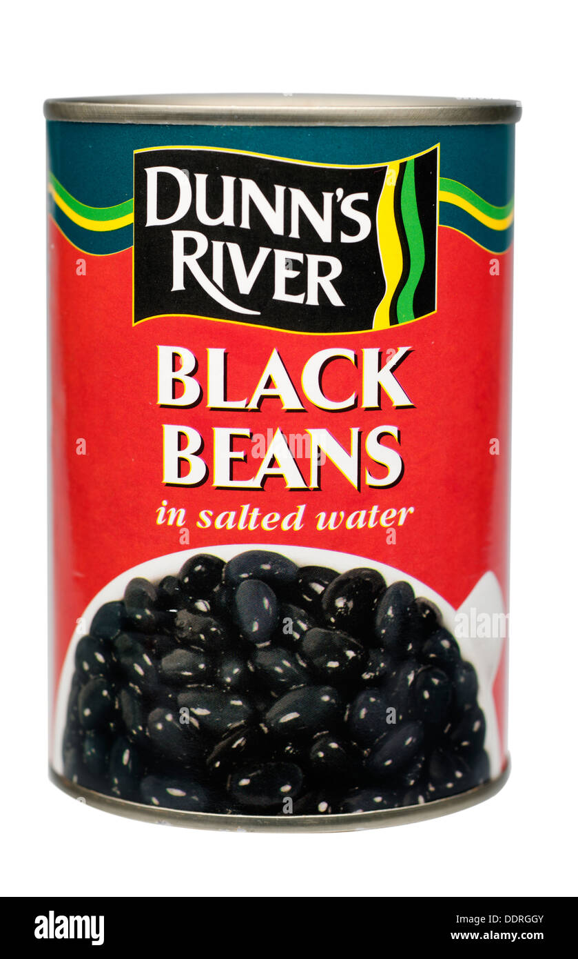 Can of Dunns River black beans in salted water Stock Photo