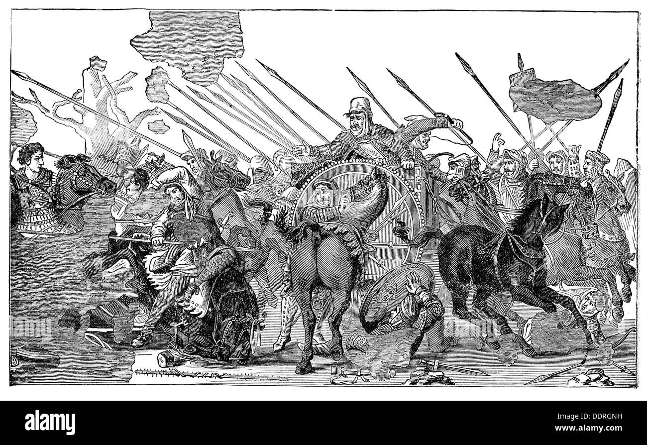 Wars of Alexander the Great 334 - 324 BC, Battle of Issus, November 333 BC, victory of Alexander over Grand King Darius III, wood engraving, 19th century, after mosaic, Pompeii, circa 50 AD, Additional-Rights-Clearences-Not Available Stock Photo