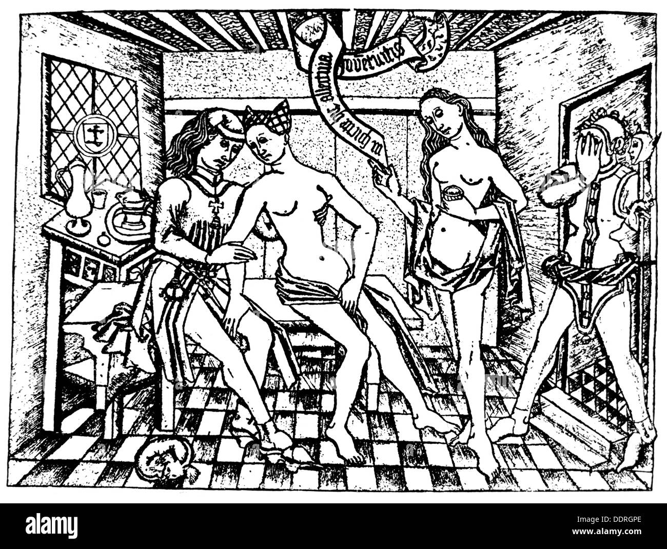 people, prostitution, womens house, woodcut, 15th century, brothel, whorehouse, brothels, whorehouses, prostitute, prostitutes, woman, men, man, punter, client, punters, clients, sex, nude, Middle Ages, fool, tomfool, saphead, sap, fools, tomfools