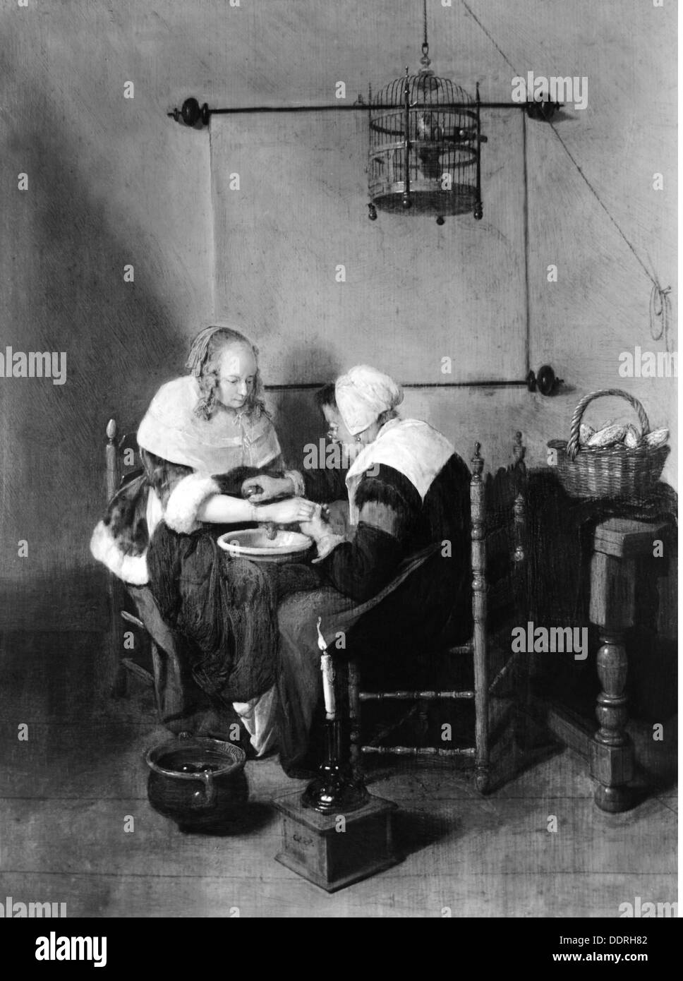 medicine,treatment,bloodletting / venesection,old woman draining blood