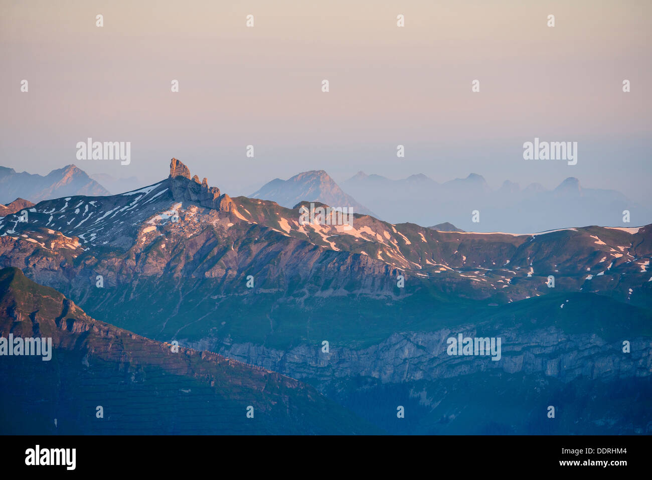 First light on the Lobhörner from the Rotstock above Grindelwald Switzerland Stock Photo