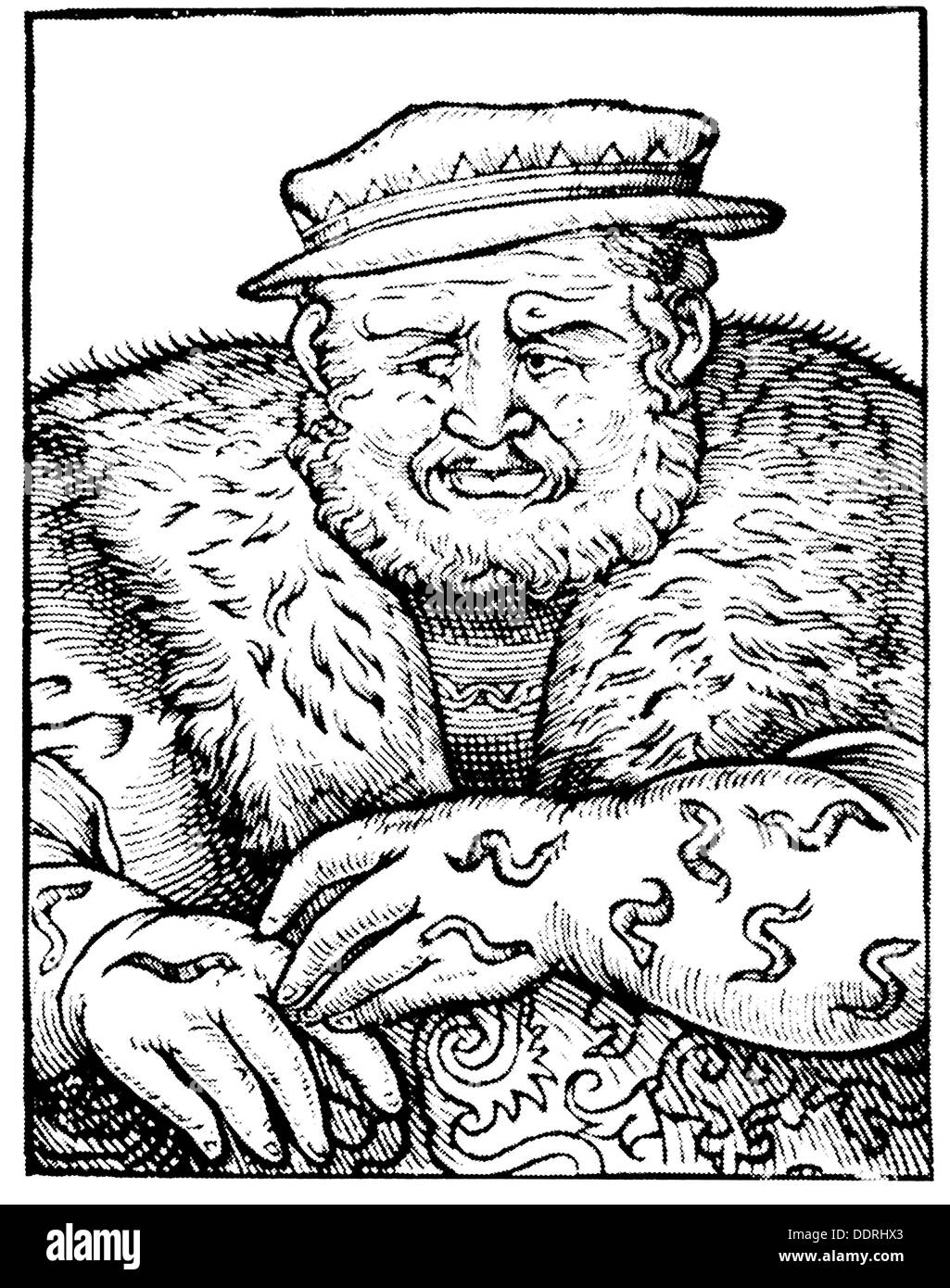 medicine, treatment, examination / therapy / consultation, therapy with leeches, woodcut, 16th century, 16th century, graphic, graphics, half length, hat, hats, beard, beards, fur collar, fur, furs, collar, collars, arm, arms, animal, animals, leech, leeches, blood, suck, sucking, patient, patients, medicine, medicines, treatment, treatments, examination, examinations, examining, therapy, therapies, woodcut, woodcuts, historic, historical, man, men, male, people, NOT, Additional-Rights-Clearences-Not Available Stock Photo