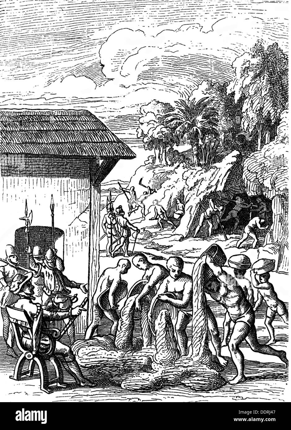 metal, gold, Red Indians delivering gold to Spanish colonial masters, Cuba, after copper engraving, 16th century, wood engraving, 19th century, 16th century, 19th century, graphic, graphics, America, Caribbean, the Caribbean Sea, colonialism, colonization, colonisation, colony, colonies, exploitation, precious metal, precious metals, gold-seeking, gold prospecting, quest for gold, search for gold, gold mining, half length, sitting, sit, standing, native, natives, indigenous people, inhabitant, habitant, inhabitants, habitants, delivering, deliver, natu, Artist's Copyright has not to be cleared Stock Photo