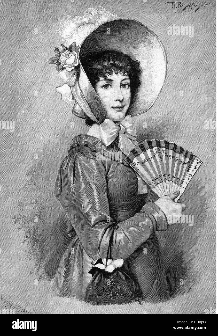 fashion, 19th century, young woman with hat of the Biedermeier period, after drawing by Rudolf Beyschlag (1838 -1903), wood engraving by Theodor Knesing, 19th century, 19th century, graphic, graphics, Biedermeier, ladies' fashion, clothes, outfit, outfits, dress, dresses, half length, standing, headpiece, headpieces, hat, hats, feather, feathers, bow, flower, flowers, holding, hold, fan, fans, bag, bags, fashion for women, women's clothing, historic, historical, woman, women, female, people, NOT, Additional-Rights-Clearences-Not Available Stock Photo