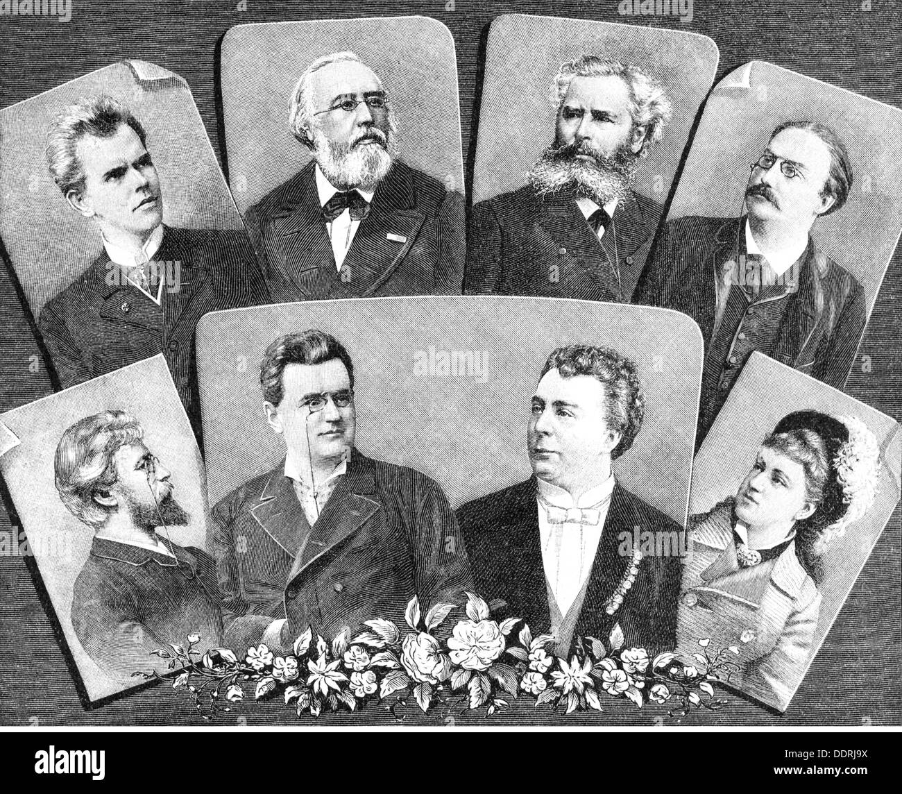 poetry groups, Munich poets of the turn of the century, collective sheet, wood engraving, from: 'Die Gartenlaube', Leipzig, 1889, Additional-Rights-Clearences-Not Available Stock Photo
