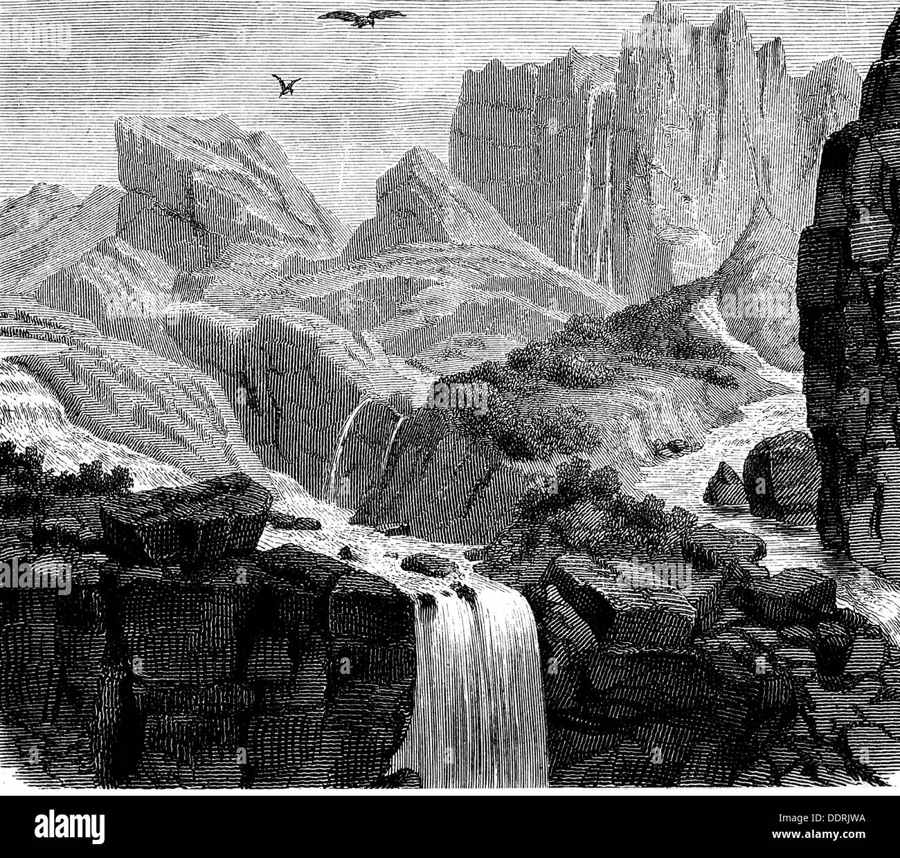 religion, ancient world, Greek mythology, river Styx, wood engraving, 19th century, 19th century, graphic, graphics, landscape, landscapes, mounts, mount, mountains, mountain, stretch of waters, river, rivers, waterfall, waterfalls, falls, border, borders, boundary, transitions, underworld, underworlds, hereafter, beyond, afterworld, Hades, religion, religions, ancient world, ancient times, Greek, Grecian, historic, historical, ancient world, Additional-Rights-Clearences-Not Available Stock Photo