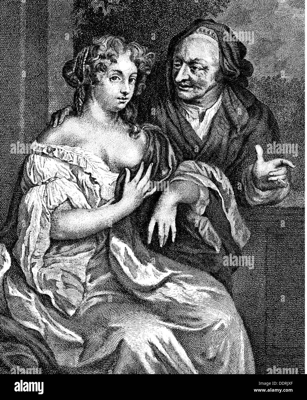 Mazarin, Hortense Duchess of, 1646 - 9.11.1699, French lady-in-waiting, as bawd, 'The Dangerous Credulity', copper engraving, France, 17th century, Artist's Copyright has not to be cleared Stock Photo