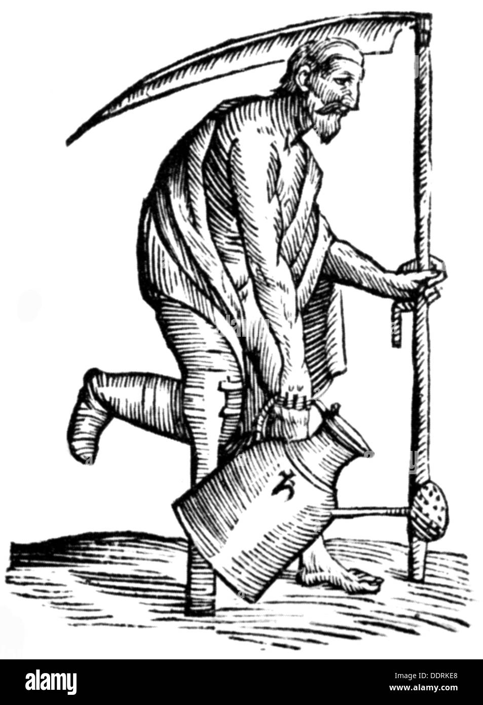 metal, lead, allegory as an old man with scythe and stump foot, woodcut, 16th century, 16th century, graphic, graphics, impersonation, impersonations, half length, standing, holding, hold, scythe, scythes, watering can, watering pot, watering cans, jug, jugs, stilt, stilts, wooden leg, peg leg, wooden legs, peg legs, artificial leg, artificial legs, prosthesis, prostheses, metal, metals, native lead, woodcut, woodcuts, historic, historical, man, men, male, people, Additional-Rights-Clearences-Not Available Stock Photo