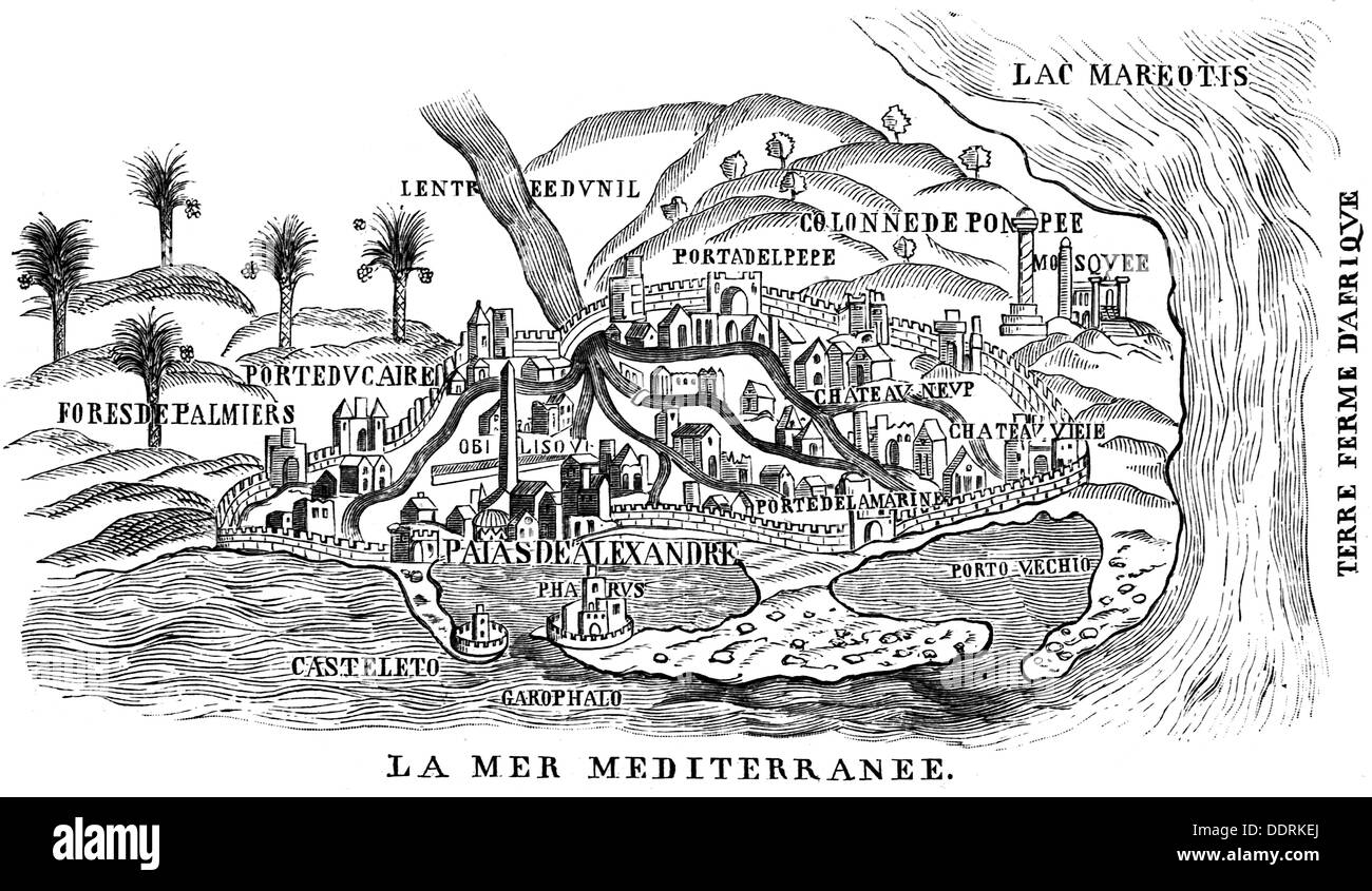 Egypt, Alexandria, view from North, French woodcut, 16th century, panorama, panoramic, city, lighthouse of Pharus, obelisk, obelisks, Cleopatra's needle, city wall, city walls, harbour, harbor, harbours, harbors, port, ports, palace of Alexander, mosque, mosques, coast, shore, coasts, shores, Mediterranean Sea, sea, seas, North Africa, Northern Africa, Alexandria, Al-Iskandariyah, view, views, woodcut, woodcuts, historic, historical, Additional-Rights-Clearences-Not Available Stock Photo