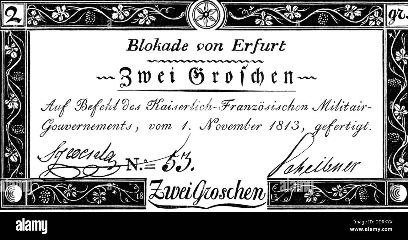 money / finances, banknotes, Germany, note of 2 groschen of the French military administration during of the blockade of Erfurt, 1.11.1813, Additional-Rights-Clearences-Not Available Stock Photo