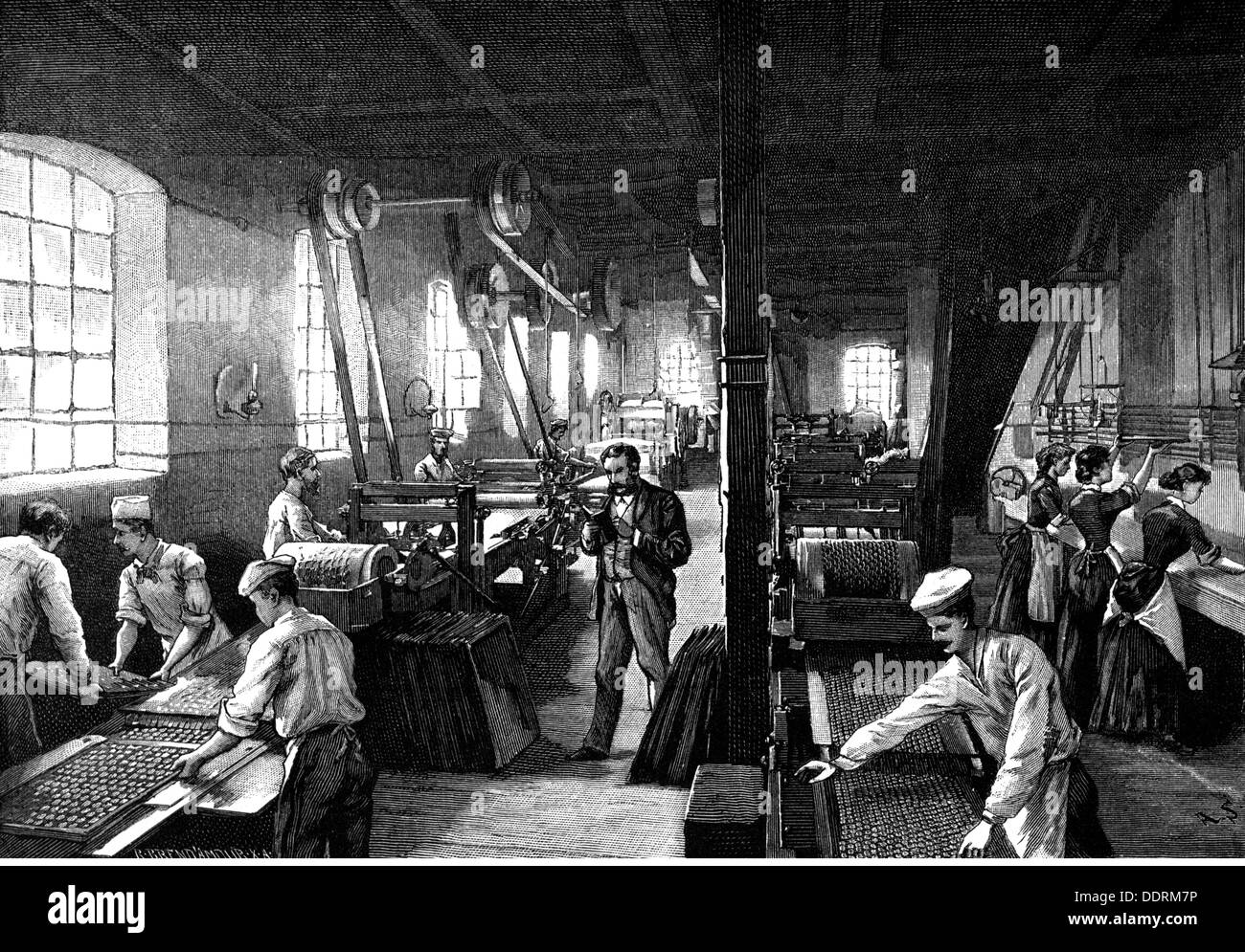 industry, food, sponge, biscuit factory of Langnese, Eppendorf, interior view, molding machines and dough rolls, wood engraving, 1884, Additional-Rights-Clearences-Not Available Stock Photo