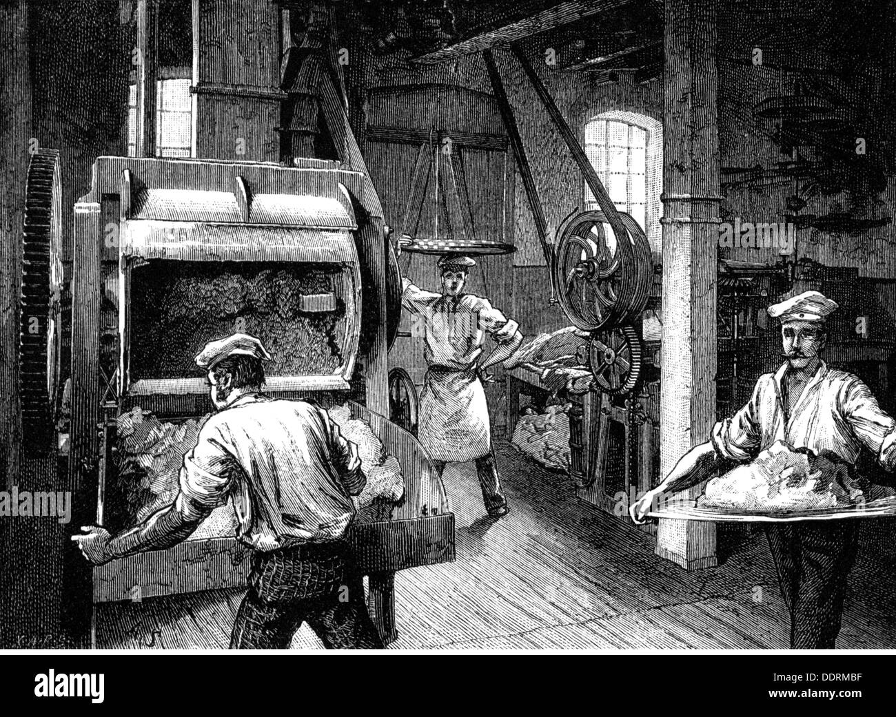 industry, food, sponge, biscuit factory of Langnese, Eppendorf, interior view, dough mixing machine, wood engraving, 1884, Additional-Rights-Clearences-Not Available Stock Photo