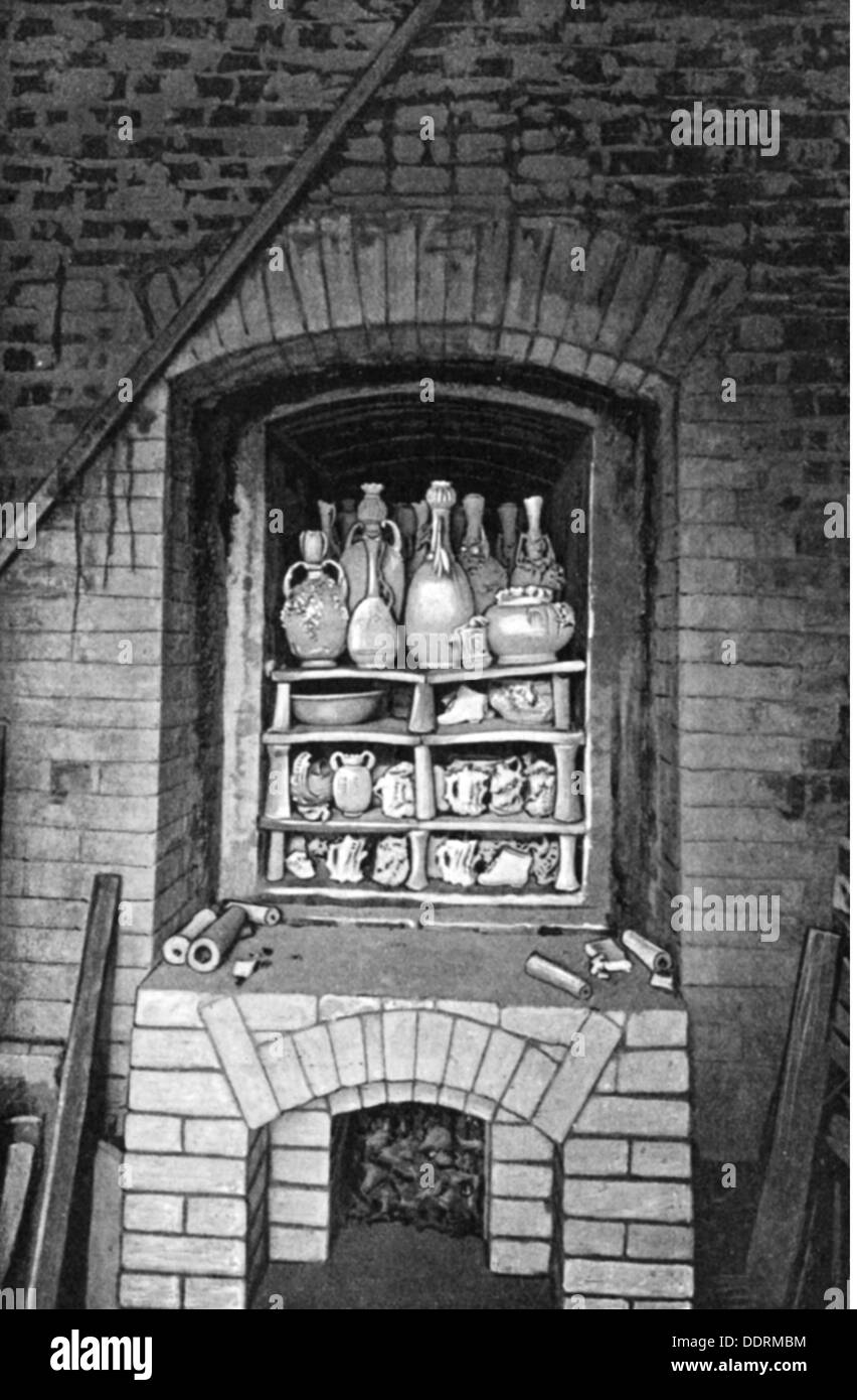 industry, ceramic, filled up muffle furnace before the burning, wood engraving, late 19th century, oven, ovens, pottery-kiln, downdraught kiln, single-chambered kiln, updraught kiln, cross-draught kiln, muffles, earthenware, vessel, vessels, industry, industries, historic, historical, Additional-Rights-Clearences-Not Available Stock Photo