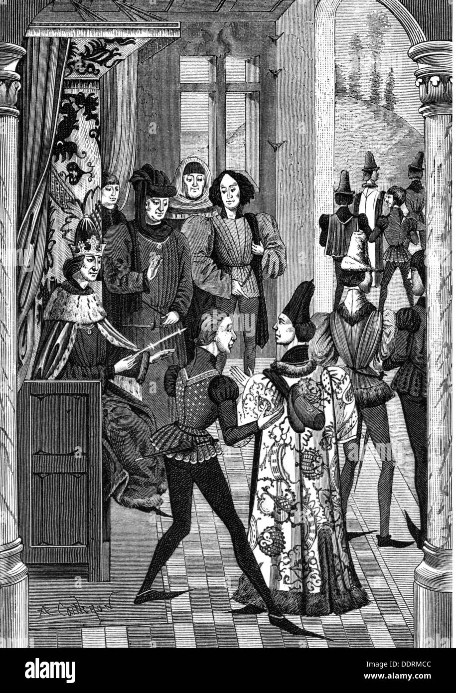 justice, courtroom scenes, court proceedings presided by the king, after miniature, from: Jean Froissart (circa 1337 - after 1404), 'Chroniques', 15th century, Bibliotheque de l'Arsenal, Paris, wood engraving, by Coinchon, 19th century, Additional-Rights-Clearences-Not Available Stock Photo