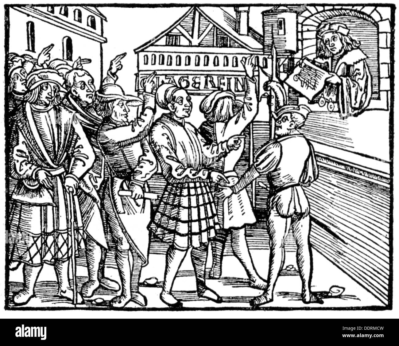 justice, proclamations / citizen's oath, new town inhabitants swearing the cititzen's oath, woodcut, 16th century, 16th century, graphic, graphics, citizen's oath, oath, oaths, swearing, swear, vow, vowing, new inhabitant, craftsman, craftsmen, craftsperson, craftspersons, craftspeople, tradesman, tradesmen, aw, laws, rules, universal law, general law, law-abiding, proclamation, proclamations, woodcut, woodcuts, historic, historical, people, Additional-Rights-Clearences-Not Available Stock Photo