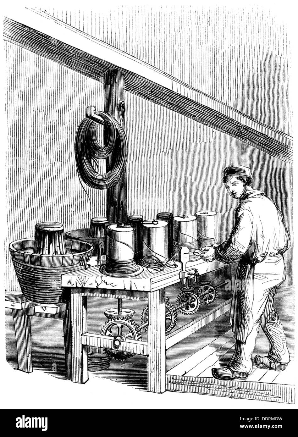 industry, tools, needles, production, wire drawing, wood engraving, 'Magasin pittoresque', Paris, circa 1865, Additional-Rights-Clearences-Not Available Stock Photo